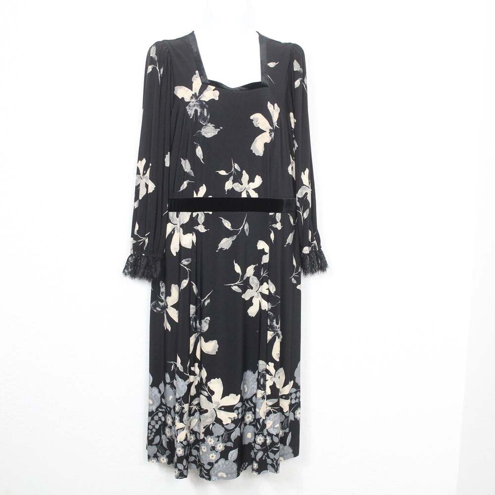 Susan Graver Pet Printed Liquid Knit Lace & Velvet Trim Midi Dress Size XL